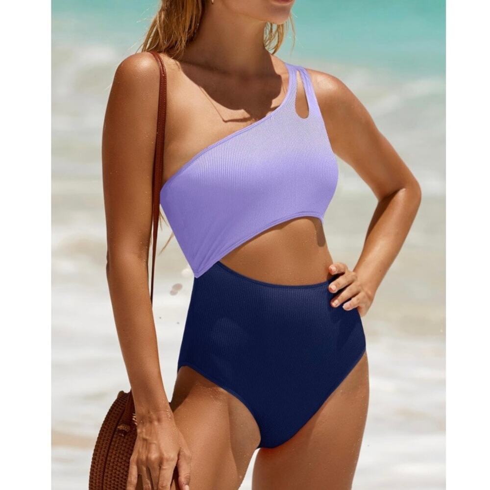 YONIQUE Women One Piece Swimsuit Size M Purple Navy One Shoulder Cutout NWT